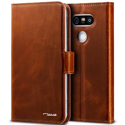 TSCASE Premium Genuine Leather Wallet Folio Case Flip Cover 3 Card Slots Money Pocket and Kickstand for LG G5 Brown