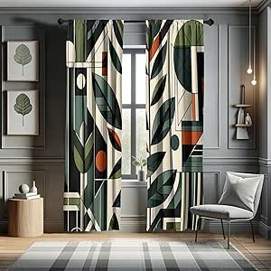 Ambesonne Mid Century Modern Window Curtains, Abstract Design of Futurist Boho Jungle and Geometric Leaves, Lightweight Decorative 2-Panel Set & Rod Pocket, Pair of - 28" x 95", Pale Reseda Green Grey