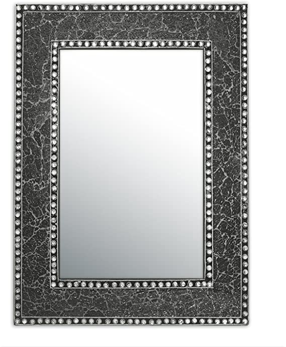 DecorShore 24" x 18" Crackled Glass Jewel Tone Mosaic Wall Mirror, Framed Rectangular Decorative Vanity Mirror, Accent Mirror, Gemstone Look (Black Onyx)