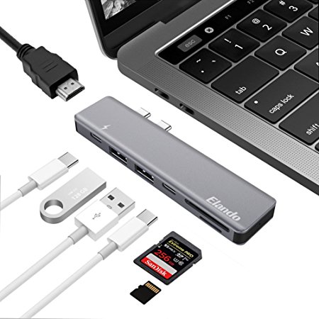 Elando USB C Hub, Aluminum Type-C Hub Adapter Dongle for MacBook Pro 13" and 15" 2016/2017, 40Gbps Thunderbolt 3, 4K HDMI, USB-C Power Delivery, SD/Micro Card Reader, 2 USB 3.0 Ports, Grey