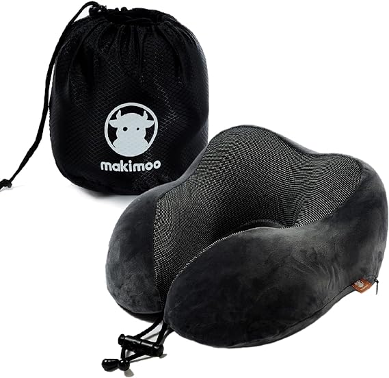 Makimoo Memory Foam Travel Pillow, Neck Pillow with 360-Degree Head Support, Comfortable and Lightweight, Ideal for Sleeping on Airplane, Car, Train, Bus and Home Use, Comes with Storage Bag (Grey)