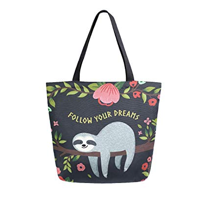 Naanle Follow Your Dreams Canvas Tote Bag Large Women Casual Shoulder Bag Handbag, Floral Sloth Reusable Multipurpose Heavy Duty Shopping Grocery Cotton Bag for Outdoors.