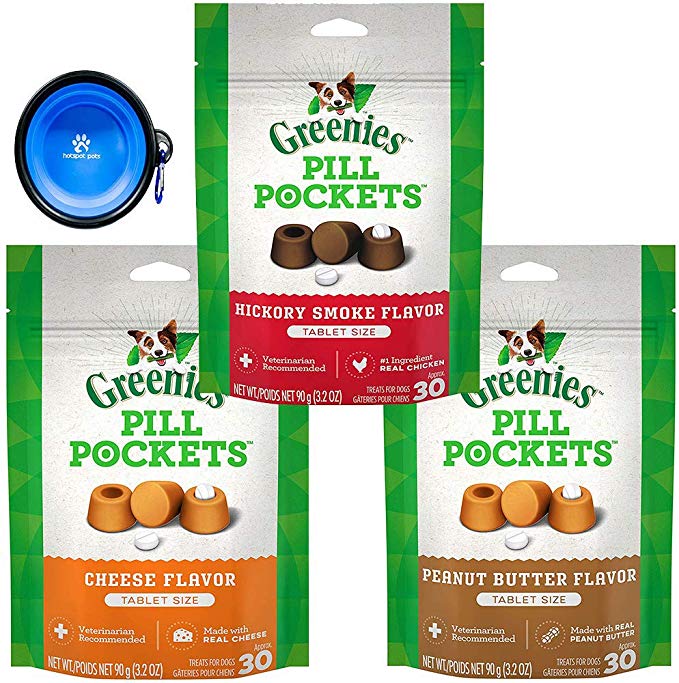 GREENIES PILL POCKETS Soft Treats Tablets Variety 3 Pack for Dogs (Cheese,Peanut Butter & Hickory Smokey) W/ "HotSpot" Pet Bowl