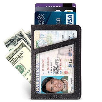 Slim Front Pocket Leather Wallet for Men Card Holder Up to 8 Cards & Cash HUSKK (Black[CSC-B-ID-RFID])