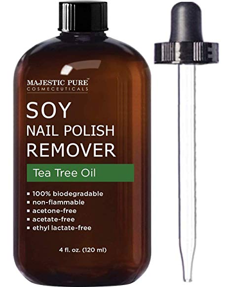 Soy Nail Polish Remover by Majestic Pure - Infused with Tea Tree Oil - Free of Acetone and Acetate, Removes Nail Polish Naturally While Moisturizing Nails and Cuticles - 4 fl oz