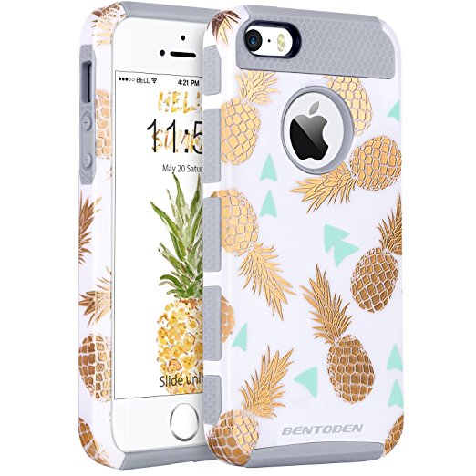 iPhone SE 5S 5 Case, iPhone SE 5S 5 Case Pineapple, BENTOBEN 2 in 1 Ultra Slim Gold Pineapple Design Hard PC Soft TPU Glossy Anti-Scratch Shockproof Protective Case Cover for iPhone SE 5S 5,White/Gold