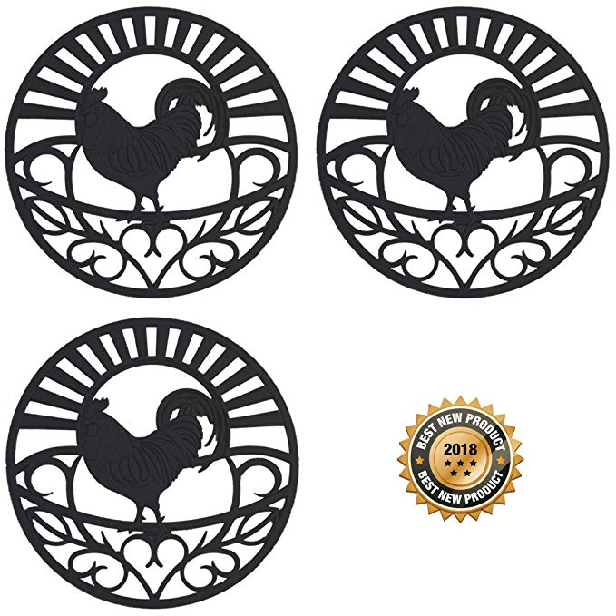 Silicone Trivet Set For Hot Dishes | Modern Kitchen Hot Pads For Pots & Pans | Country Rooster Design (Symbol of Prosperity & Good Luck) Mimics Cast Iron Trivets | 7.5" Round, Set of 3, Black