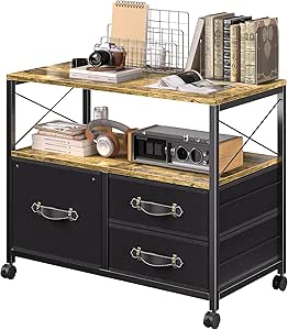 VECELO Mobile File Cabinet, Rolling Printer Stand with Open Shelf Fabric Lateral Storage Station for Home Office,Drawer Adapts Letter Size Hanging Folders, Brown, Classic