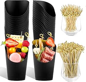 50 Sets 14 oz Charcuterie Cups with Sticks, Disposable Kraft Paper Black Charcuterie Boxes French Fry Holders Individual Appetizer Serving Cups (50 Cups   200 Cocktail Picks)