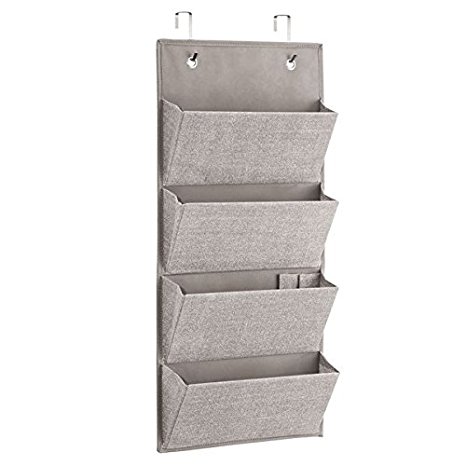 InterDesign Aldo Wall Mount/Over Door Fabric Closet Storage Organizer for Clutch Purses, Handbags, Scarves - 4 Pockets, Linen