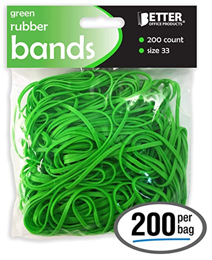 200 Green Rubber Bands, by Better Office Products, Size 33, 200/Bag, Bright Green Rubber Bands