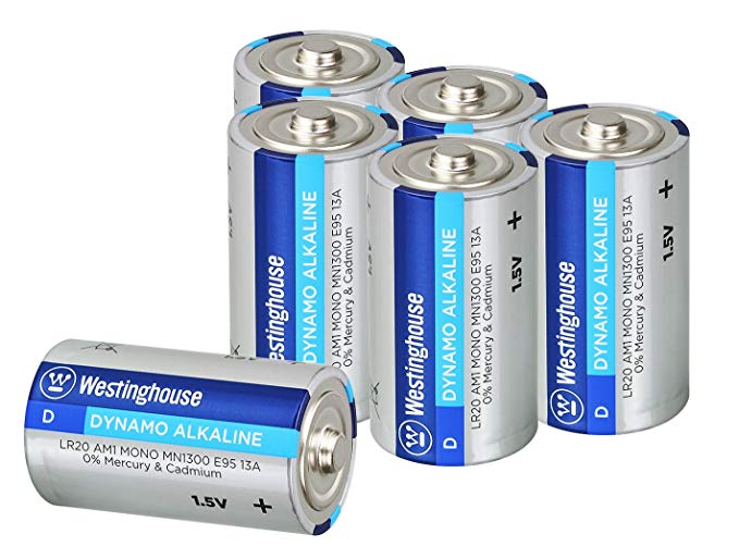 Westinghouse Alkaline D Batteries, Size D Batteries, Long-Lasting Leak Proof Primary Batteries, Bulk Pack 6 Count (D, 6 Pack)
