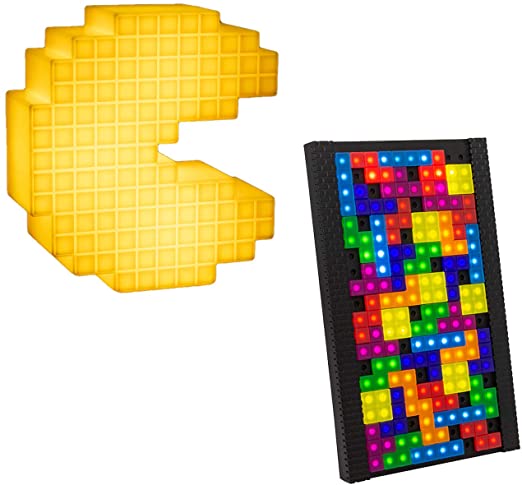 Pacman Pixelated Light and Tetris Light - Vintage Gaming Desk Lights with 53 Moveable Tetrimino Pieces