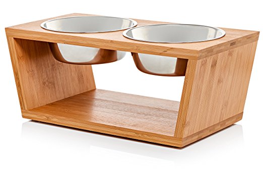 Premium Elevated Dog and Cat Pet Feeder, Double Bowl Raised Stand Comes with Extra Two Stainless Steel Bowls. Perfect for Dogs and Cats.