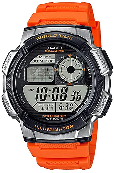 Casio AE1000W-4BV Men's Orange Resin Band 5 Alarms Chronograph World Time Watch