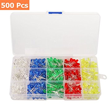 500pcs LED Diode Lights, KingSo 5 colors×100pcs 5mm Light Emitting Assorted Kit Electronics Components, Transparent Diffused Round Light Bulb for Arduino, White Red Orange Green Blue