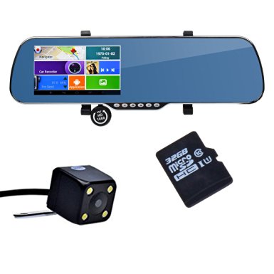 Upgraded! Toguard HD 5" Full HD 1080p Dual Lens Dash Camera & Android GPS navigation Touch Screen WiFi Rearview Mirror Rearview Camera 1GB RAM 16GB Flash built in 32GB free Memory Card Free US Map