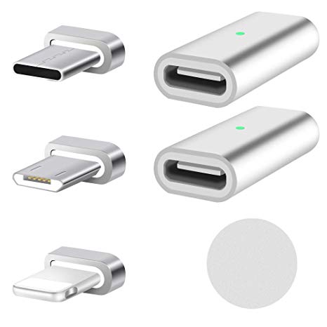 LAMA 2 Pack 2.4A Magnetic Type C to Lightening   USB Type C   Micro USB Magnetic Adapter for Charging, Data Transfer, i-Products and Android Devices 2.4cm Silver