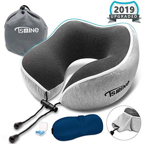 Tsmine Travel Pillow Memory Foam - Head Chin 360° Neck Support Pillow for Airplane Travel, Home, Neck Pain and Office with 3D Eye Mask Earplugs and Washable Fabric Cotton Cover