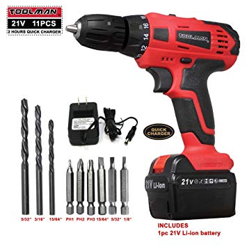 Toolman Led Cordless Power Drill Kit 21V with Drill Set 11 pcs for Heavy Duty works with DeWalt Makita Ryobi Accessories