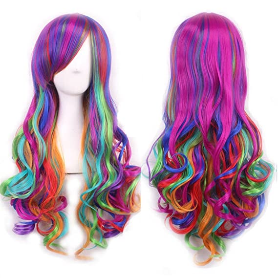Mersi Long Rainbow Wig Curly Wavy Cosplay Wigs for Women Colorful Costume Wigs 27 Inch with Wig Cap (Rainbow) S012