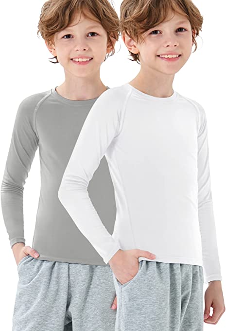 2 Pack Youth Boys Thermal Compression Shirts Long Sleeve Fleece Baselayer Soccer Baseball Running Base Layer Undershirt