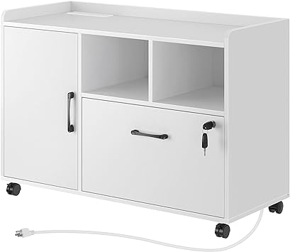 Rolanstar File Cabinet with Charging Station, Mobile Lateral Filing Cabinet with Locking Drawer, Printer Stand with Open Storage Shelf with Wheels, for Letter/Legal/A4 Size Files, White