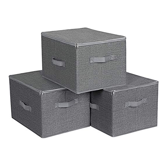 SONGMICS Storage Boxes with Lids, Foldable Storage Basket Bins with Handles, Clothes Toys Organiser, Grey RYZB03G