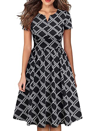 YATHON Women's Vintage Pleated Flared Swing A-Line Casual Party Work Dresses