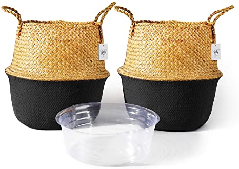 POTEY 720503 2 Pack Seagrass Plant Basket - Hand Woven Belly Basket with Handles, Storage Laundry, Picnic, Plant Pot Cover, Home Decor and Woven Straw Beach Bag (Extra Large,Brown Black)