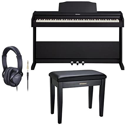 Roland RP-102 88 Key Digital Piano, Black - Bundle With Roland Piano Bench with Cushioned Seat and Storage Compartment Satin Black, Roland RH-5 Around-Ear Stereo Headphone with Conversion Plug