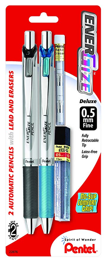 Pentel EnerGize Automatic Pencil with Lead and Erasers, 0.5mm, Assorted, 2 Pack (PL75LEBP2)