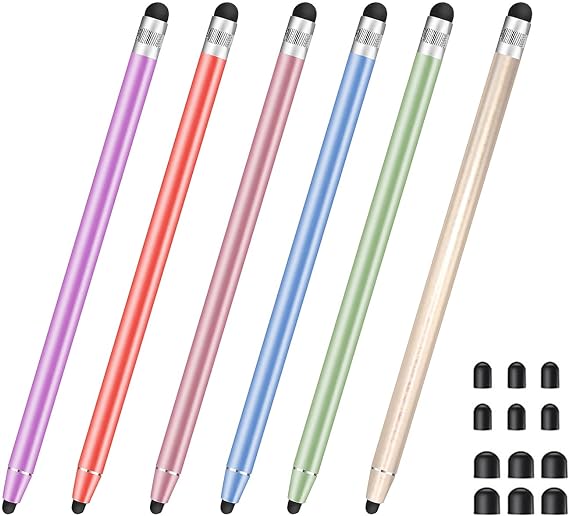 6 Pack Stylus Pens for Touch Screens, Smozer 2 in 1 High Sensitivity Capacitive Stylus Pencils and Stylus Pen for iPad iPhone Android Tablets and All Touch Screens Devices   12 Replaceable Rubber Tips