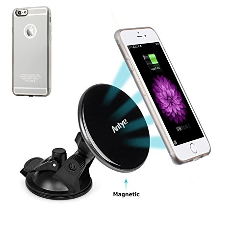 Antye Qi Standard Magnetic Wireless Charger Car Mount for iPhone 6 / 6S, 3-in-1 Dashboard Suction Cup Holder, Wireless Charging Pad and Wireless Qi Receiver Case TPU Cover for iPhone 6/6S, Silver