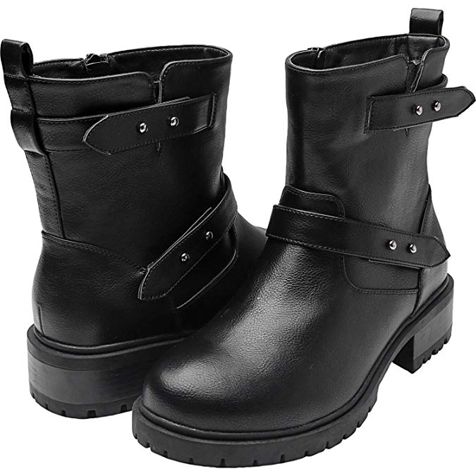 Women's Wide Width Combat Boots - Chunky Block Low Heel Back Pull-tabBuckle Slip On Side Zipper Cozy Winter Boots.