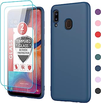 Galaxy A20 Phone Case, A20 Case with 2 Pack Tempered Glass Screen Protector for Women Men, LeYi Liquid Silicone Slim Gel Rubber Phone Cover Case for Samsung A20/ A30/ M10s, Blue