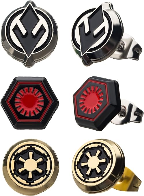 Star Wars: The Rise of Skywalker, Unisex Adult, Star Wars Episode 9 Sith, First Order & Imperial Symbol Enamel Stud Earrings Set (3 Pairs), Black, Red, Yellowgold, One Size