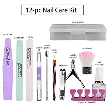Aifaifa 12 PCS Nail Care Kit Includes Cuticle Pusher, Trimmer, Remover, Nail Cutter, Buffer, Nail Strengthener for Personal Home Manicure Kit with Storage Box
