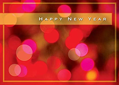 New Year Greeting Cards - N8004. Greeting Cards with Happy New Year on a Bright Lights Background. Box Set has 25 Greeting Cards and 26 White with Gold Foil Lined Envelopes.