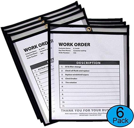 1InTheOffice Dry Erase Pocket Sleeves, Black Shop Ticket Holders 8.5x11, (6 Pack)