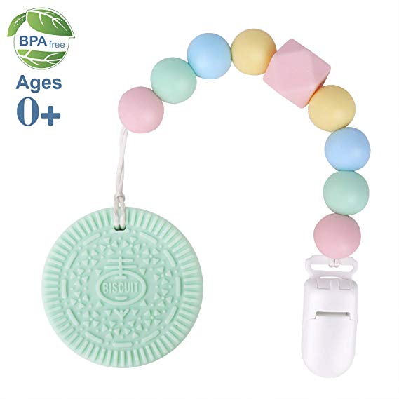 Baby Teething Toys, Teething Pain Relief, Silicone Teether with Pacifier Clip Natural BPA Free Cookie for Freezer - Easy to Hold, Soft, Best Newborn Shower Gifts for Trendy Boy or Girl (Green)