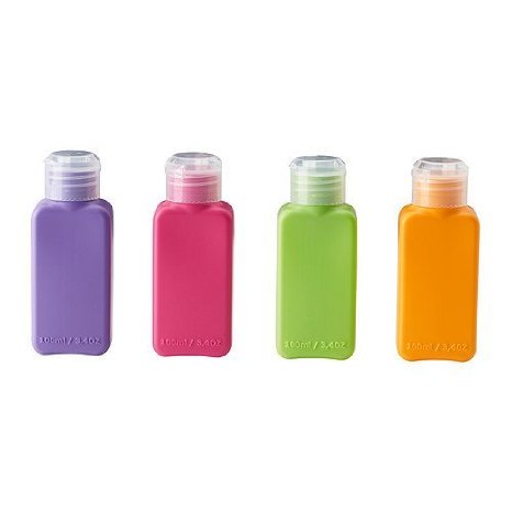 SET OF 4 - Travel Size Bottles Assorted Colors Airplane Trip Gym Bag Shampoo Conditioner Skin Lotion Hair Products Skin Products Beauty Products 34oz Each - SET OF 4