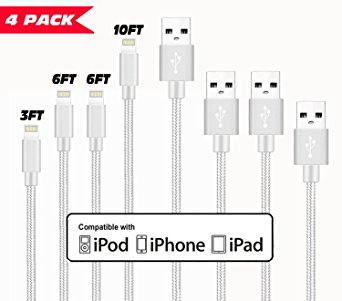Dafaf Lightning Cable, 4Pack 3FT,6FT,6FT,10FT Certified Nylon Braided Cord iPhone Cable Certified to USB Charging Cable for iPhone 8,8 Plus ,7, 7 Plus, 6S, 6 , SE, 5S, 5, iPad Air (Silver)