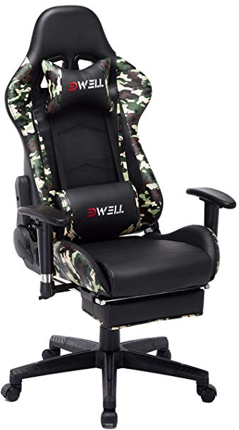 Computer Gaming Chair, Height Adjustable Swivel PC Chair with Retractable Footrest Headrest and Lumbar Massager Cushion Support Leather Reclining Executive Office Chair (Black&Camo)