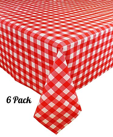 [6 Pack] Plastic Red and White Checkered Tablecloth, Disposable Gingham Party Table Covers, Rectangle 54" X 108"