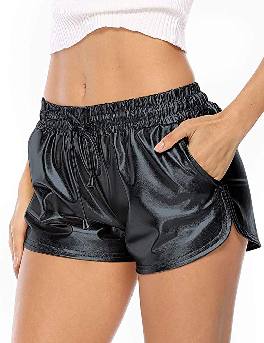 Alsol Lamesa Women's Yoga Hot Shorts Shiny Metallic Pants with Elastic Drawstring