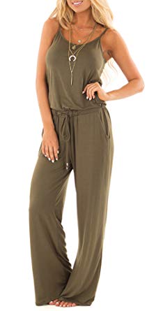 NuoReel Women Casual Sleeveless Loose Wide Legs Jumpsuit Halter Waist Tie Stretchy Rompers Pants With Side Pockets