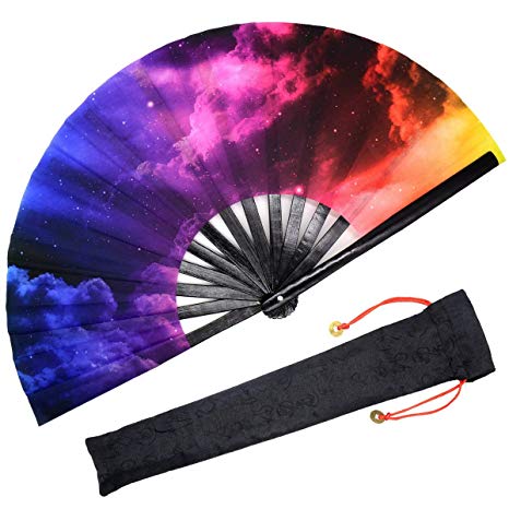 OMyTea Large Rave Folding Hand Fan for Men/Women - Chinese/Japanese Kung Fu Tai Chi Handheld Fan with Fabric Case - for Performance, Decorations, Dancing, Festival, Gift (Galaxy Nebula)