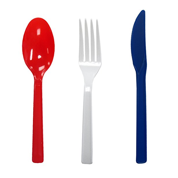 Party Essentials N245110 51 Piece-Count Patriotic Assortment Hard Plastic Combo Pack, Disposable Cutlery Sets, Red/White/Blue