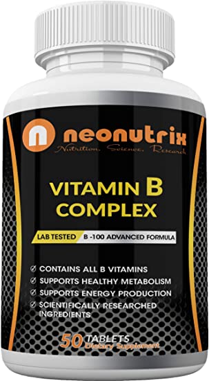 Vitamin B Complex Supplement - B-100 Vitamins Including B12 & B6 Infused with Biotin & Thiamine - Advanced Formula for Metabolism, Energy & Focus for Men and Women 50 Tablets Made in USA by Neonutrix